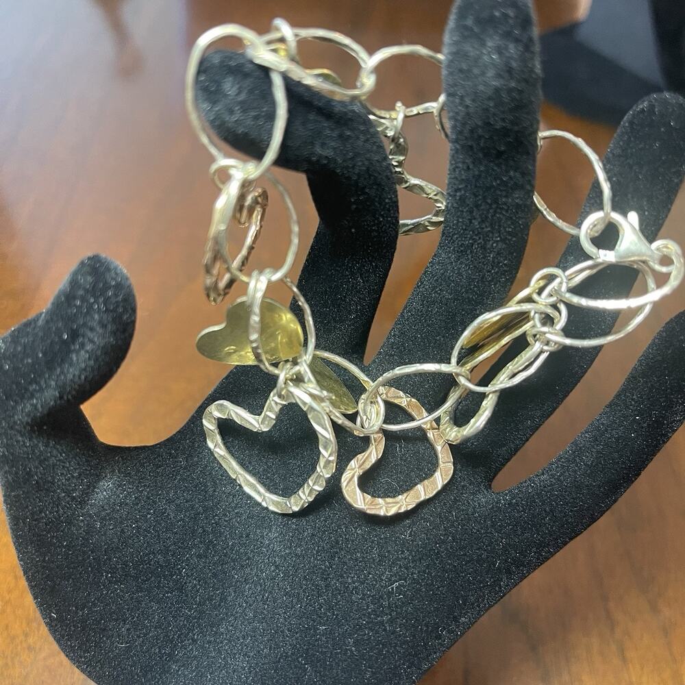 Vintage Paola Valentino Sterling Tricolor Heart Hammered Bracelet 8.25”